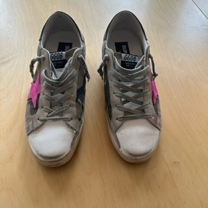 Golden Goose Camo Seakers with a Pink Star